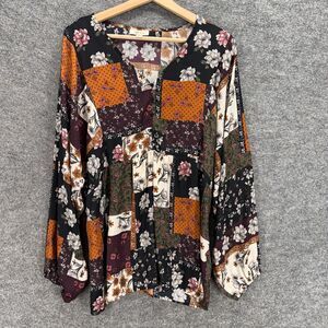 Style & Co Blouse Women XL Black Floral V-Neck 1/2 Button Long Sleeve Casual